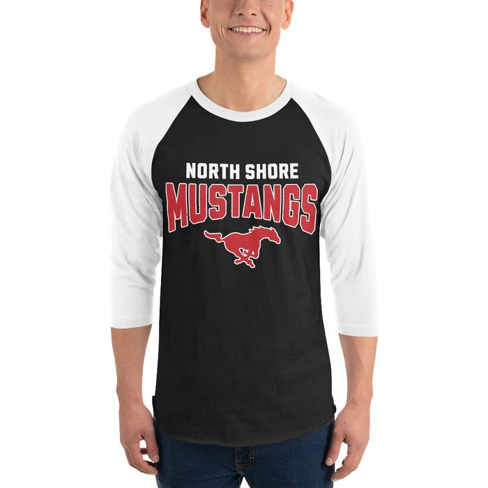 Man wearing North Shore High School Mustangs Unisex 3/4 Sleeve Raglan T-shirt 234