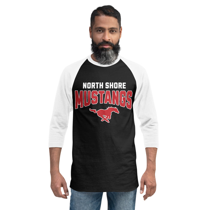 Front view of North Shore High School Mustangs Unisex 3/4 Sleeve Raglan T-shirt 234