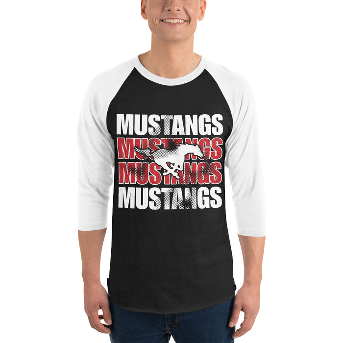 Man wearing North Shore High School Mustangs Unisex 3/4 Sleeve Raglan T-shirt 233