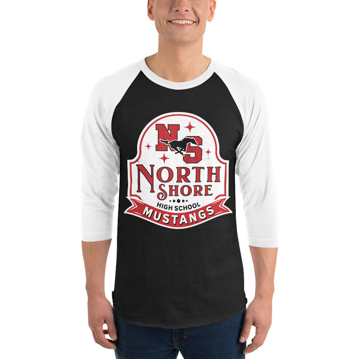 Man wearing North Shore High School Mustangs Unisex 3/4 Sleeve Raglan T-shirt 219