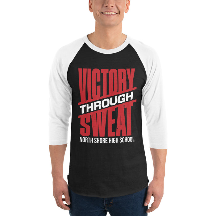 Man wearing North Shore High School Mustangs Unisex 3/4 Sleeve Raglan T-shirt 241