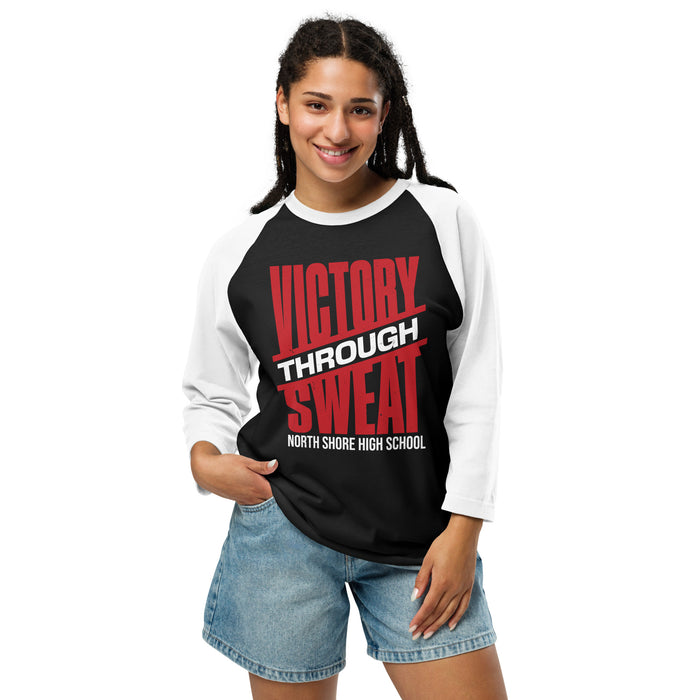 Woman wearing North Shore High School Mustangs Unisex 3/4 Sleeve Raglan T-shirt 241