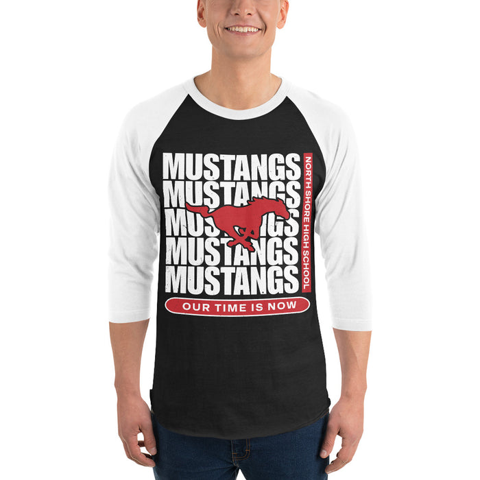 Man wearing North Shore High School Mustangs Unisex 3/4 Sleeve Raglan T-shirt 235