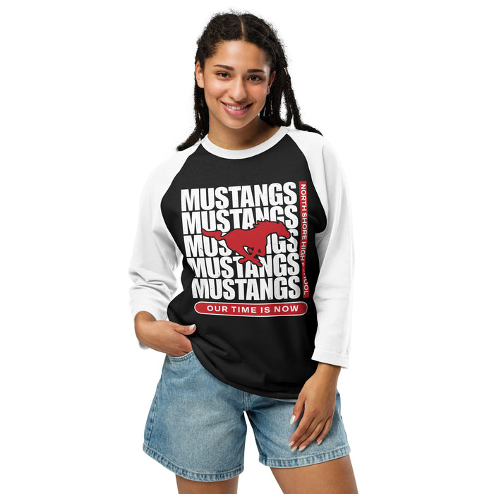 Woman wearing North Shore High School Mustangs Unisex 3/4 Sleeve Raglan T-shirt 235