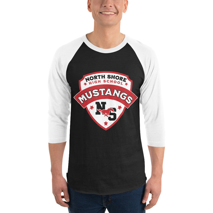 Man wearing North Shore High School Mustangs Unisex 3/4 Sleeve Raglan T-shirt 221