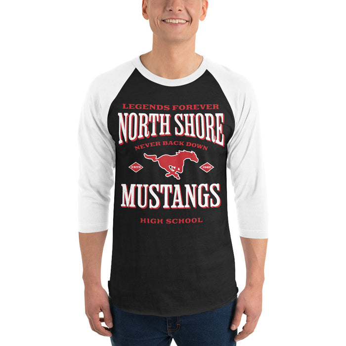 Man wearing North Shore High School Mustangs Unisex 3/4 Sleeve Raglan T-shirt 230