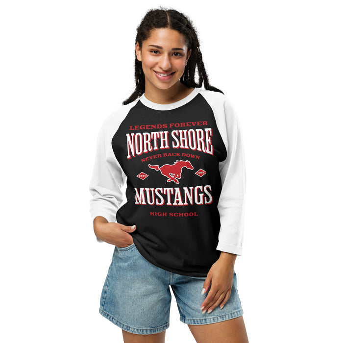 Woman wearing North Shore High School Mustangs Unisex 3/4 Sleeve Raglan T-shirt 230