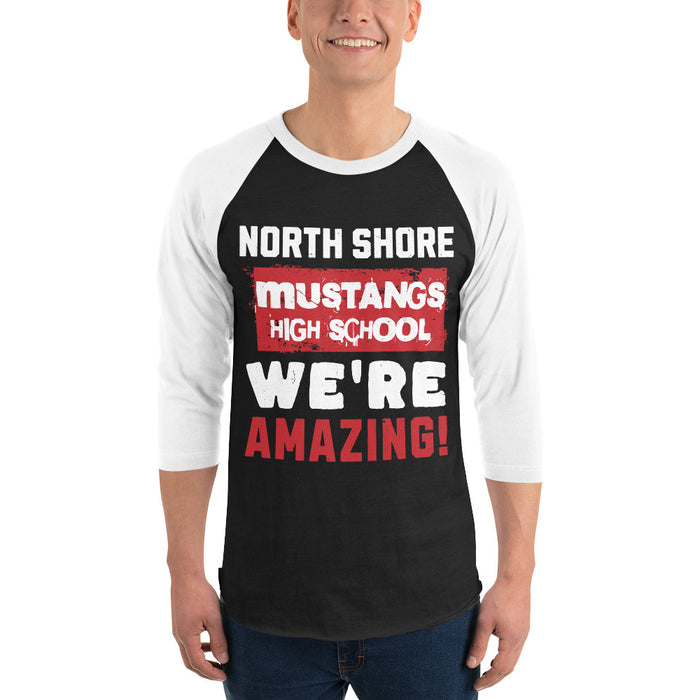 Man wearing North Shore High School Mustangs Unisex 3/4 Sleeve Raglan T-shirt 231