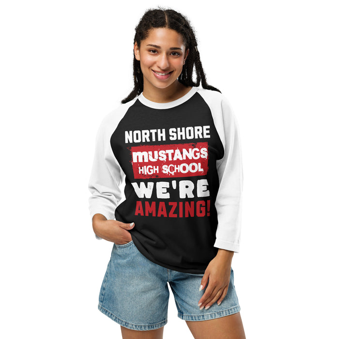 Woman wearing North Shore High School Mustangs Unisex 3/4 Sleeve Raglan T-shirt 231