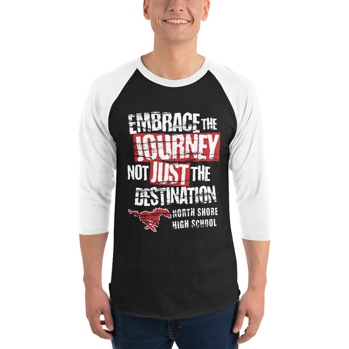 Man wearing North Shore High School Mustangs Unisex 3/4 Sleeve Raglan T-shirt 232