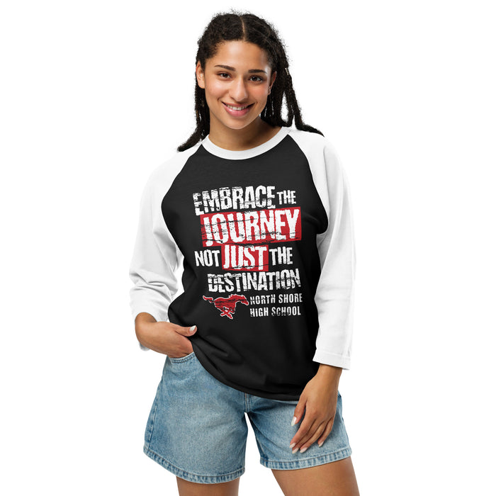 Woman wearing North Shore High School Mustangs Unisex 3/4 Sleeve Raglan T-shirt 232