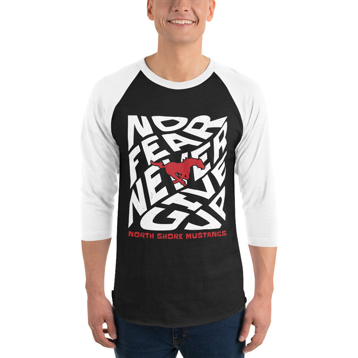 Man wearing North Shore High School Mustangs Unisex 3/4 Sleeve Raglan T-shirt 236