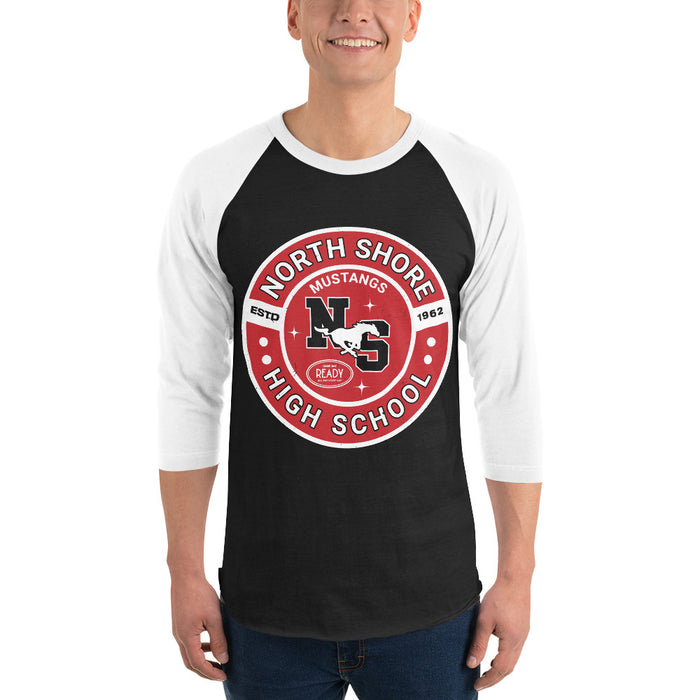 Man wearing North Shore High School Mustangs Unisex 3/4 Sleeve Raglan T-shirt 239