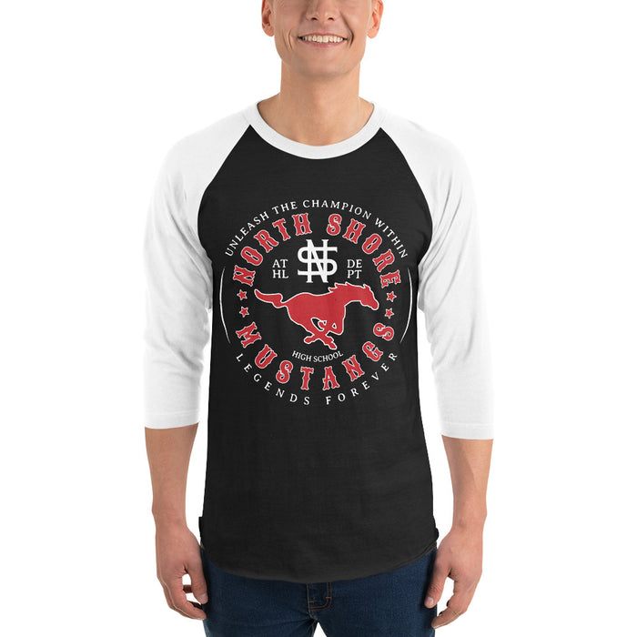 Man wearing North Shore High School Mustangs Unisex 3/4 Sleeve Raglan T-shirt 214