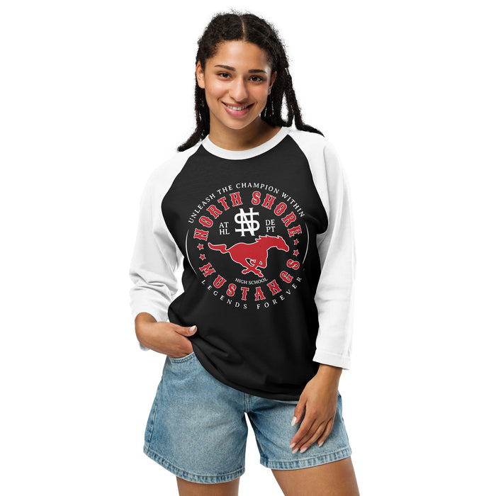 Woman wearing North Shore High School Mustangs Unisex 3/4 Sleeve Raglan T-shirt 214