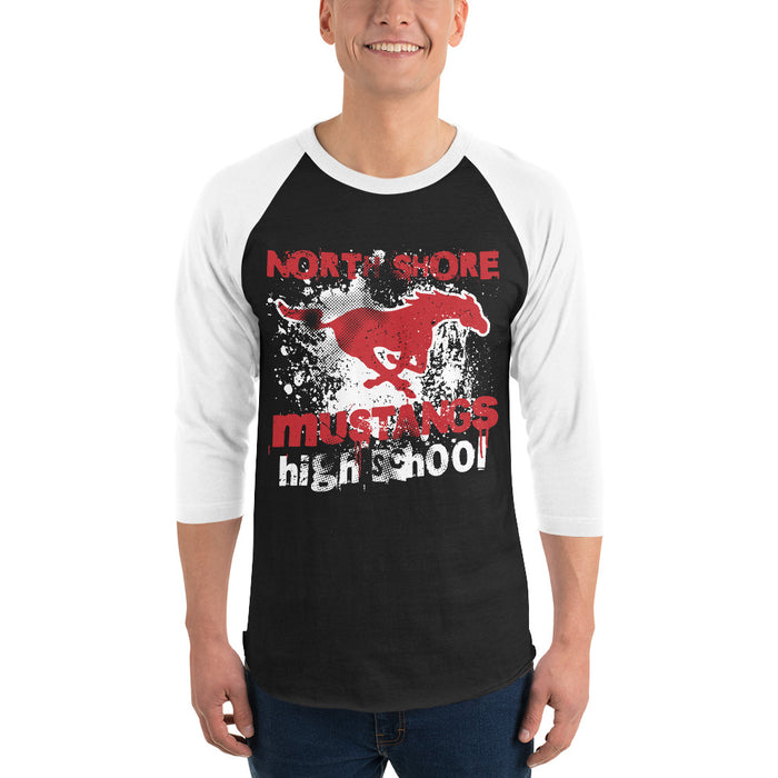 Man wearing North Shore High School Mustangs Unisex 3/4 Sleeve Raglan T-shirt 205