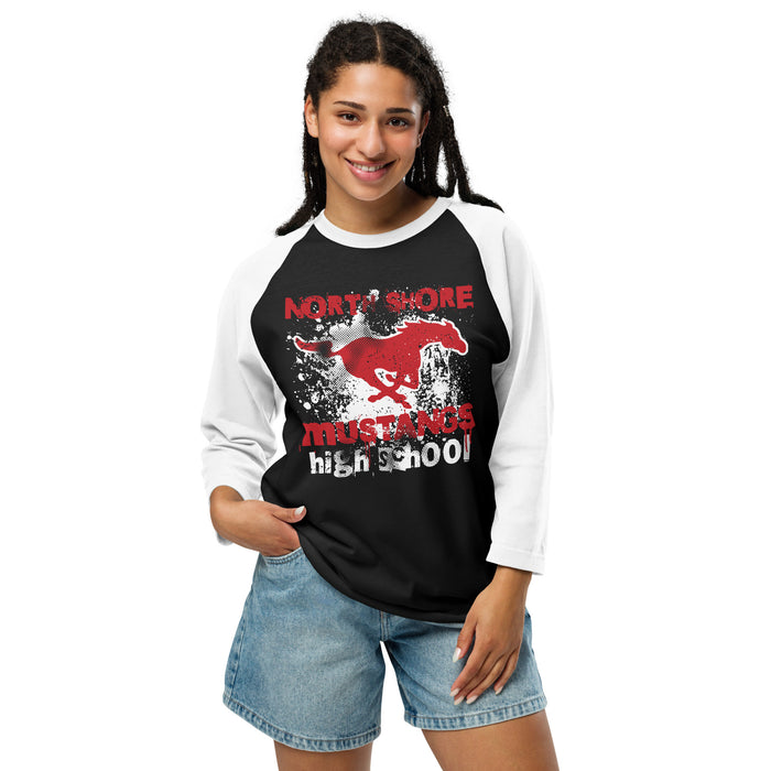 Woman wearing North Shore High School Mustangs Unisex 3/4 Sleeve Raglan T-shirt 205