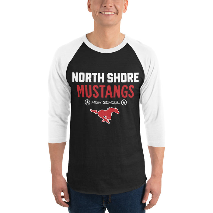 Man wearing North Shore High School Mustangs Unisex 3/4 Sleeve Raglan T-shirt 003