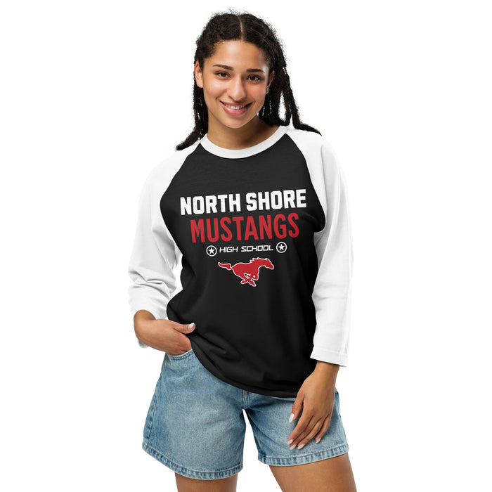Woman wearing North Shore High School Mustangs Unisex 3/4 Sleeve Raglan T-shirt 003
