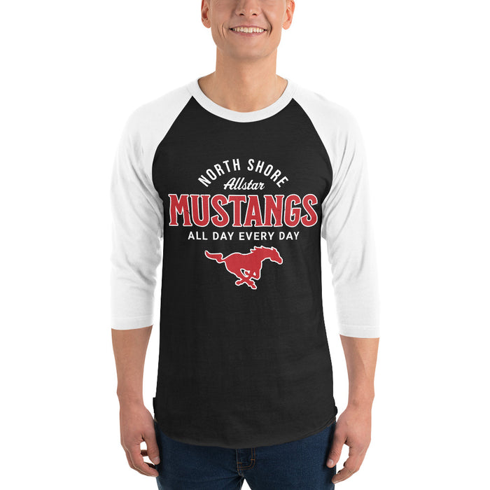 Man wearing North Shore High School Mustangs Unisex 3/4 Sleeve Raglan T-shirt 040