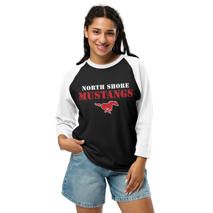 Woman wearing North Shore High School Mustangs Unisex 3/4 Sleeve Raglan T-shirt 017