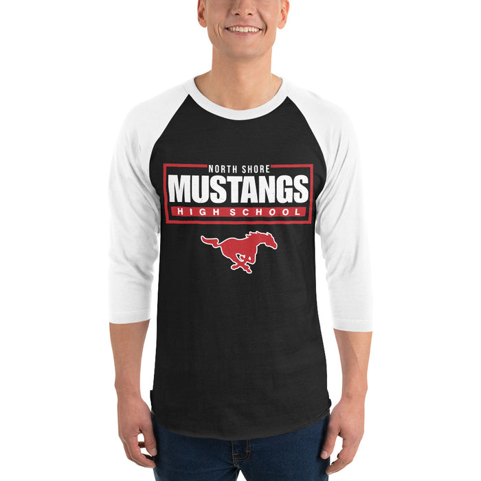 Man wearing North Shore High School Mustangs Unisex 3/4 Sleeve Raglan T-shirt 049
