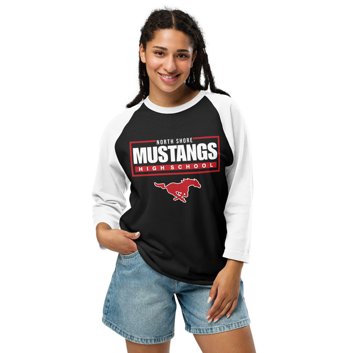 Woman wearing North Shore High School Mustangs Unisex 3/4 Sleeve Raglan T-shirt 049