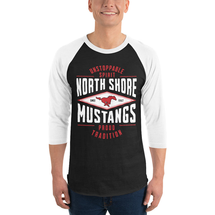 Man wearing North Shore High School Mustangs Unisex 3/4 Sleeve Raglan T-shirt 210