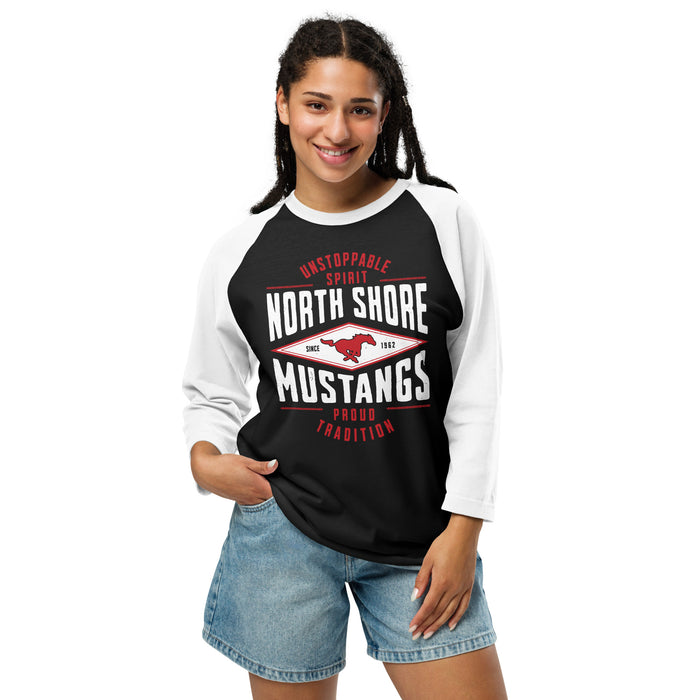 Woman wearing North Shore High School Mustangs Unisex 3/4 Sleeve Raglan T-shirt 210