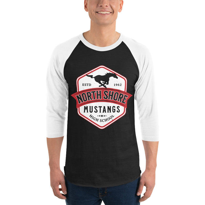 Man wearing North Shore High School Mustangs Unisex 3/4 Sleeve Raglan T-shirt 209