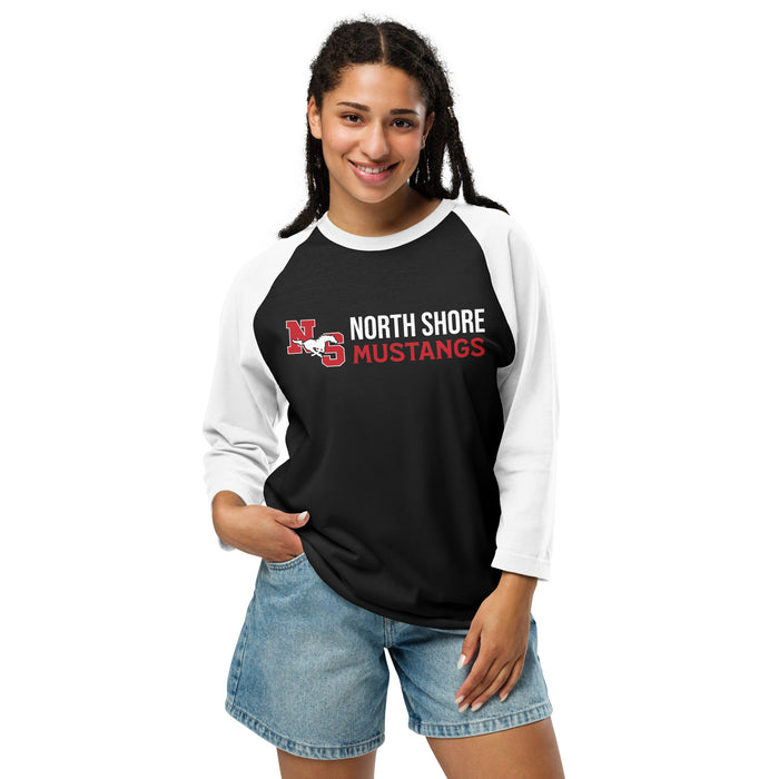 Woman wearing North Shore High School Mustangs Unisex 3/4 Sleeve Raglan T-shirt 200