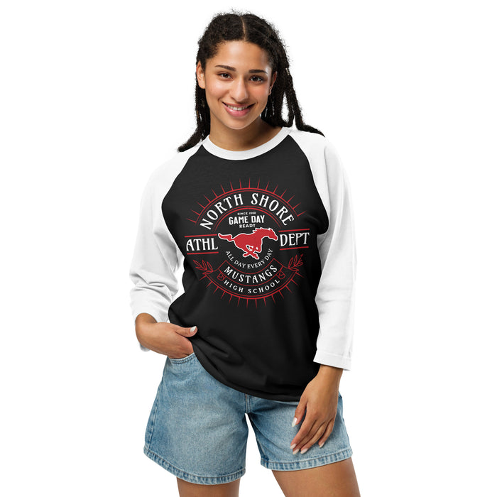 Woman wearing North Shore High School Mustangs Unisex 3/4 Sleeve Raglan T-shirt 201