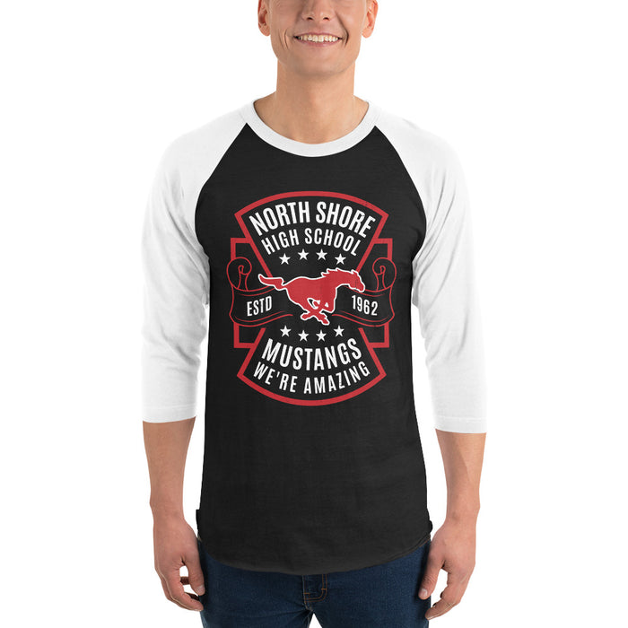 Man wearing North Shore High School Mustangs Unisex 3/4 Sleeve Raglan T-shirt 207