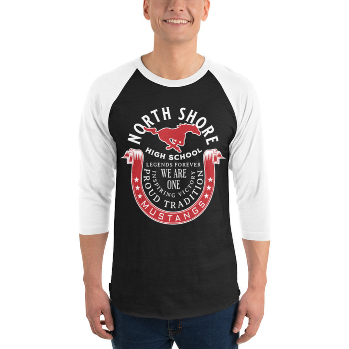Man wearing North Shore High School Mustangs Unisex 3/4 Sleeve Raglan T-shirt 229