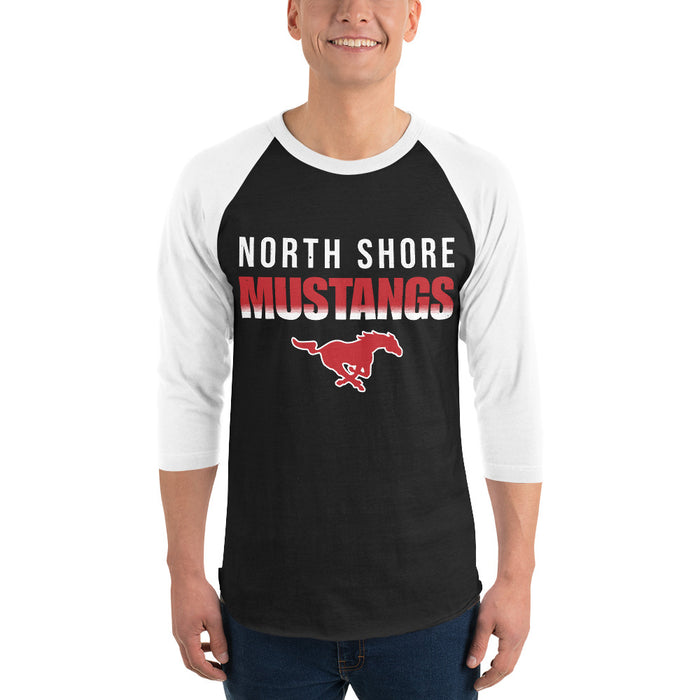 Man wearing North Shore High School Mustangs Unisex 3/4 Sleeve Raglan T-shirt 024
