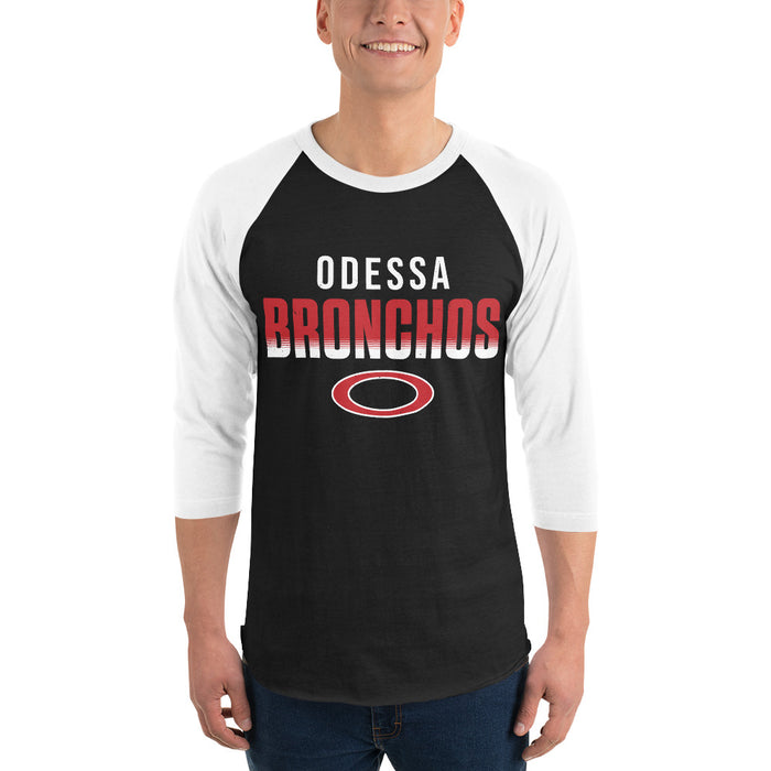 Man wearing Odessa High School Bronchos Unisex 3/4 sleeve Raglan T-shirt 024