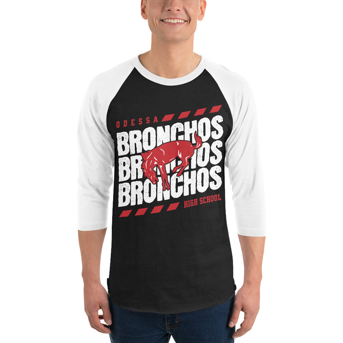 Man wearing Odessa High School Bronchos Unisex 3/4 sleeve Raglan T-shirt 223