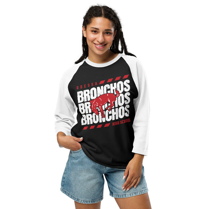 Woman wearing Odessa High School Bronchos Unisex 3/4 sleeve Raglan T-shirt 223