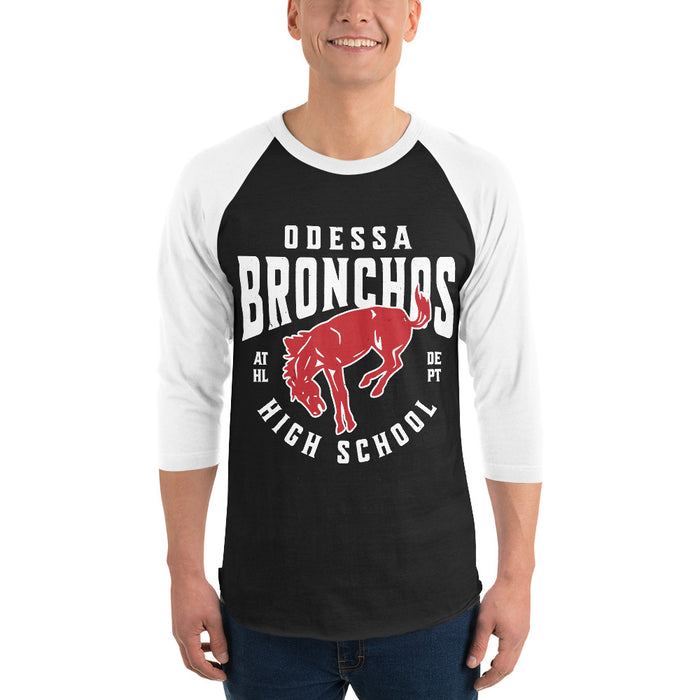 Man wearing Odessa High School Bronchos Unisex 3/4 sleeve Raglan T-shirt 213