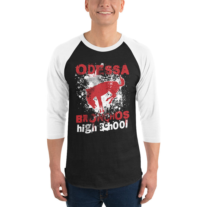 Man wearing Odessa High School Bronchos Unisex 3/4 sleeve Raglan T-shirt 205