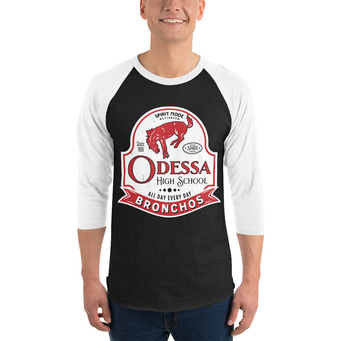 Man wearing Odessa High School Bronchos Unisex 3/4 sleeve Raglan T-shirt 219