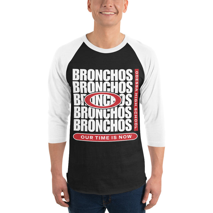 Man wearing Odessa High School Bronchos Unisex 3/4 sleeve Raglan T-shirt 235