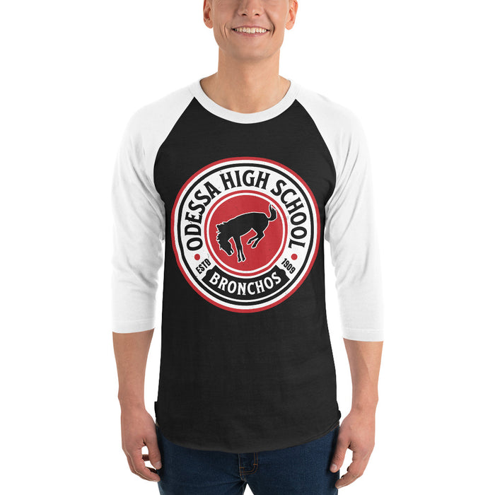 Man wearing Odessa High School Bronchos Unisex 3/4 sleeve Raglan T-shirt 220