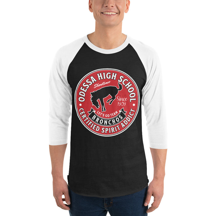 Man wearing Odessa High School Bronchos Unisex 3/4 sleeve Raglan T-shirt 215