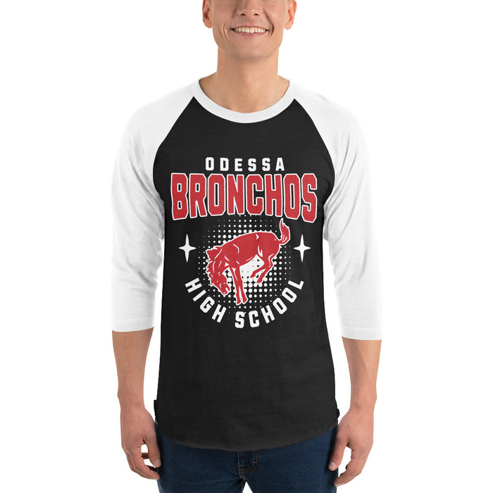 Man wearing Odessa High School Bronchos Unisex 3/4 sleeve Raglan T-shirt 204