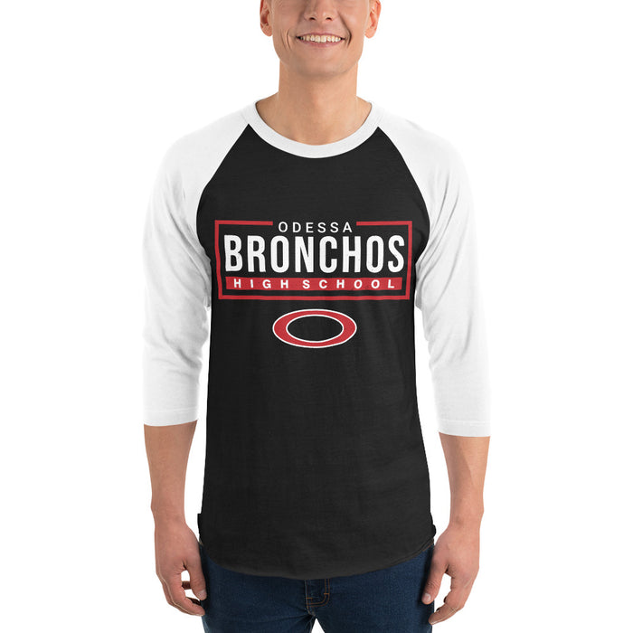 Man wearing Odessa High School Bronchos Unisex 3/4 sleeve Raglan T-shirt 049