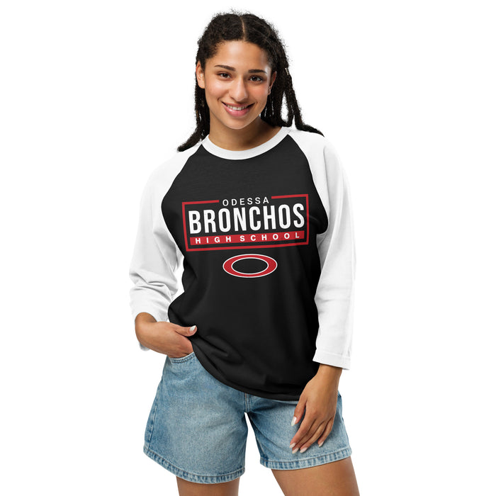 Woman wearing Odessa High School Bronchos Unisex 3/4 sleeve Raglan T-shirt 049