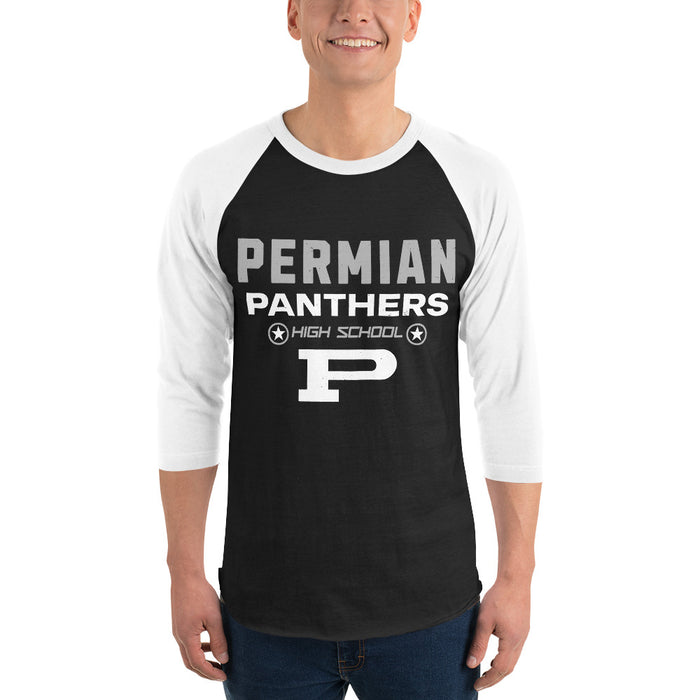 Man wearing Permian High School Panthers Unisex 3/4 sleeve Raglan T-shirt 003