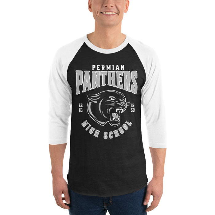 Man wearing Permian High School Panthers Unisex 3/4 sleeve Raglan T-shirt 213