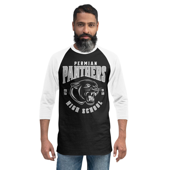 Front view of Permian High School Panthers Unisex 3/4 sleeve Raglan T-shirt 213